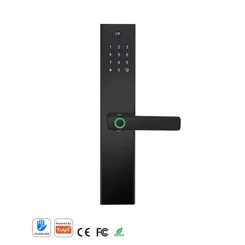 Electronic security sliding fingerprint face recognition digital guangdong tuya smart home handle front door lock with camera