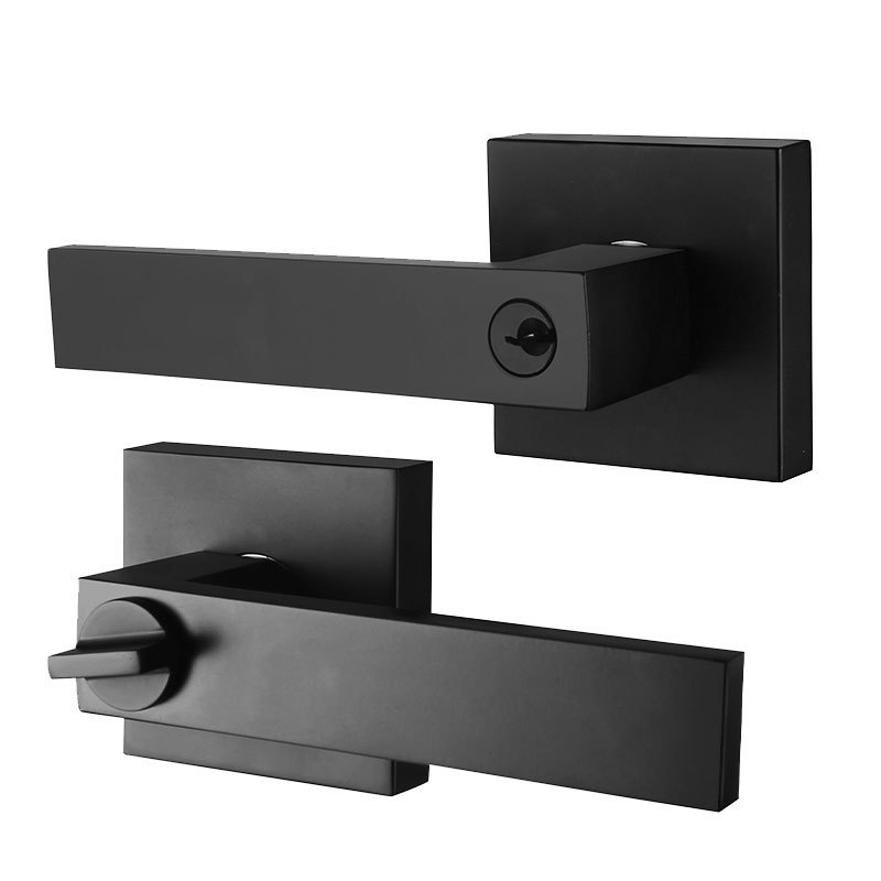 Modern Simple Design Zinc Alloy Black Square Lever Interior Door Handle Lock For Bedroom