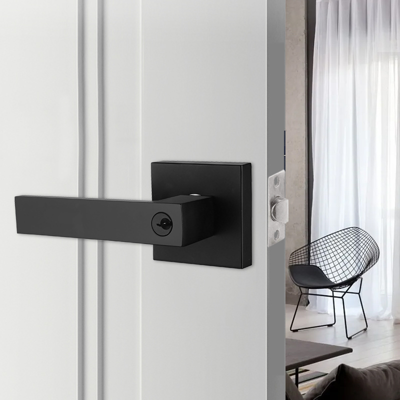 Modern Simple Design Zinc Alloy Black Square Lever Interior Door Handle Lock For Bedroom