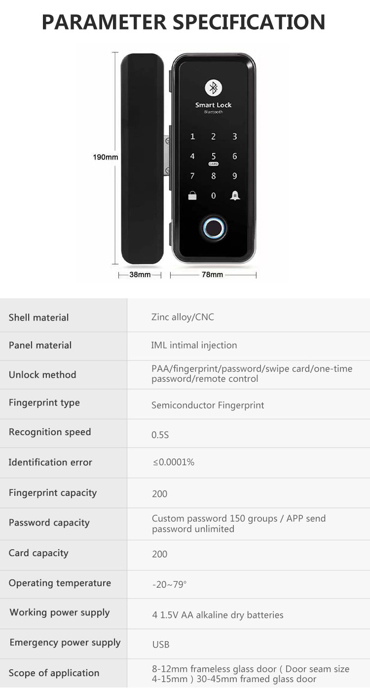 Smart Glass Lock Remote Control TT App Biometric Fingerprint Digital Smart Lock for Glass Doors