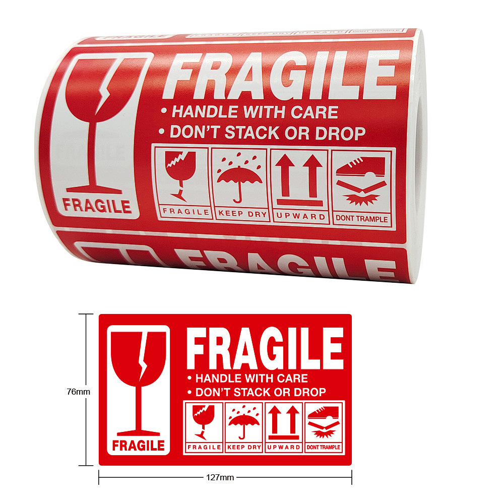 Recyclable High Quality Custom Red Fragile Thermal Transfer Adhesive Sticker Waterproof Packaging Warning Label