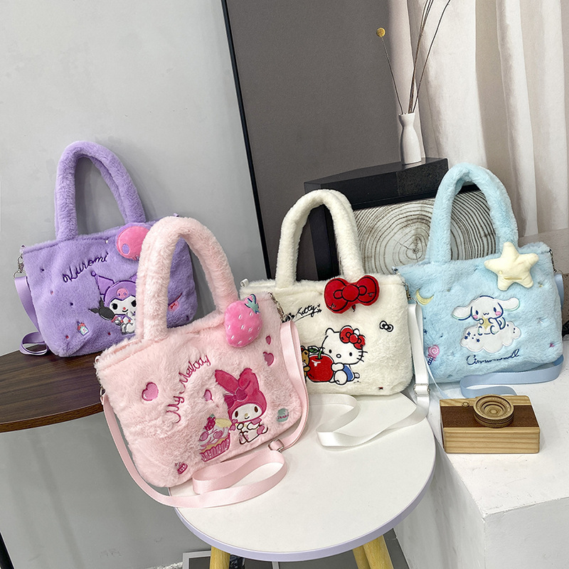 Cheap HK KT Kitty Plush Handbags Kulomi Fluffy Plush Cross-body Bags Shoulder Bag School Make up Phone Storage Bag for Girls