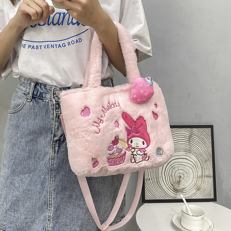 Cheap HK KT Kitty Plush Handbags Kulomi Fluffy Plush Cross-body Bags Shoulder Bag School Make up Phone Storage Bag for Girls