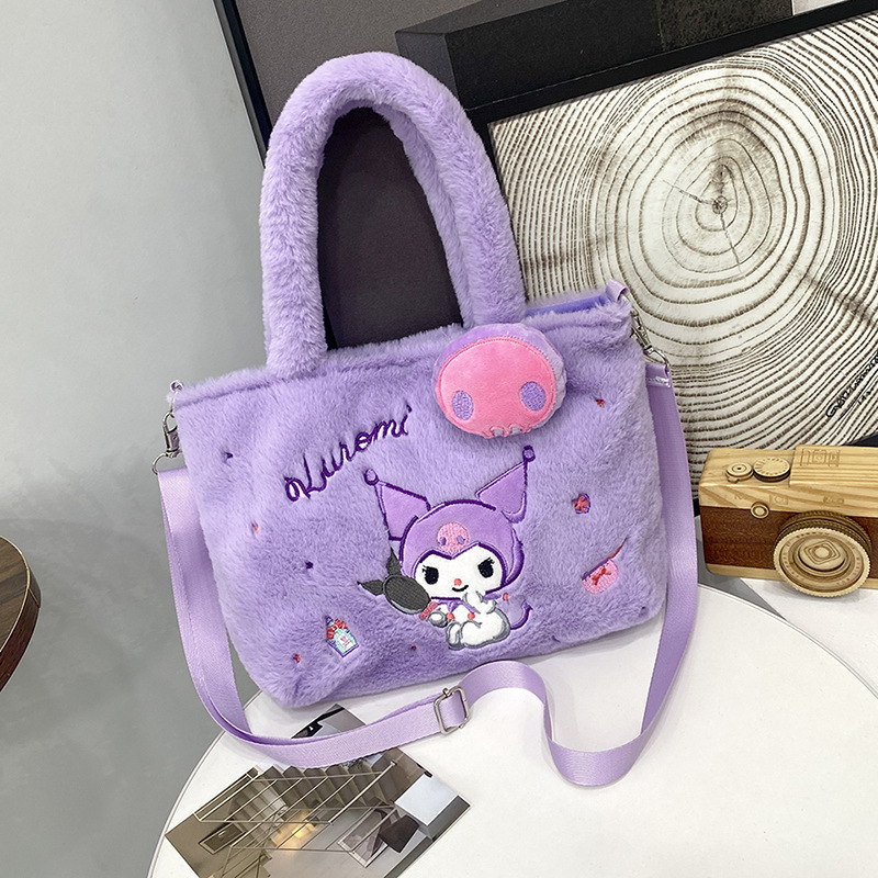 Cheap HK KT Kitty Plush Handbags Kulomi Fluffy Plush Cross-body Bags Shoulder Bag School Make up Phone Storage Bag for Girls