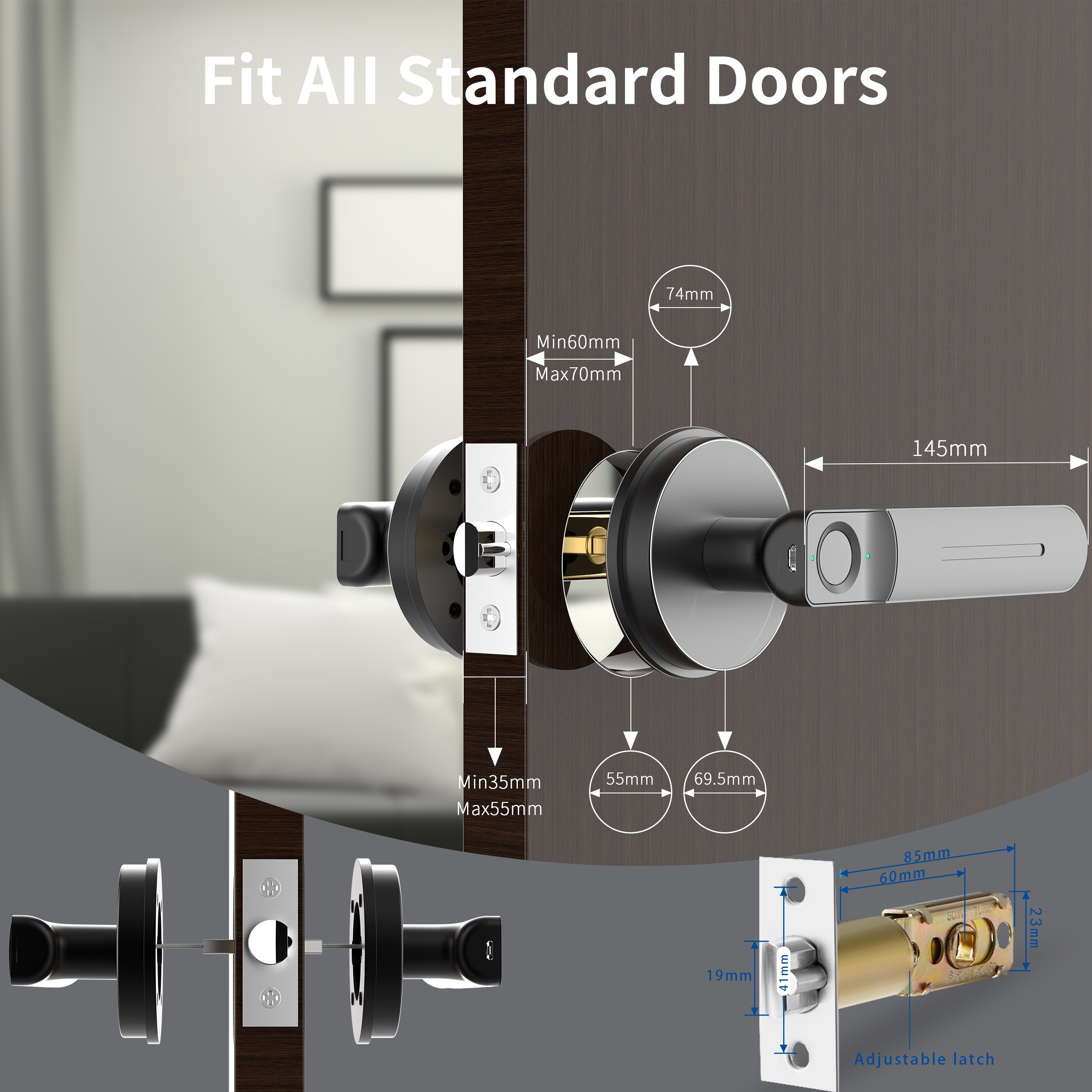 Foxgard Fingerprint Smart Door Lock with Handle, Biometric Fingerprint Deadbolt, Keyless Entry Door Lock, Emergency Charging