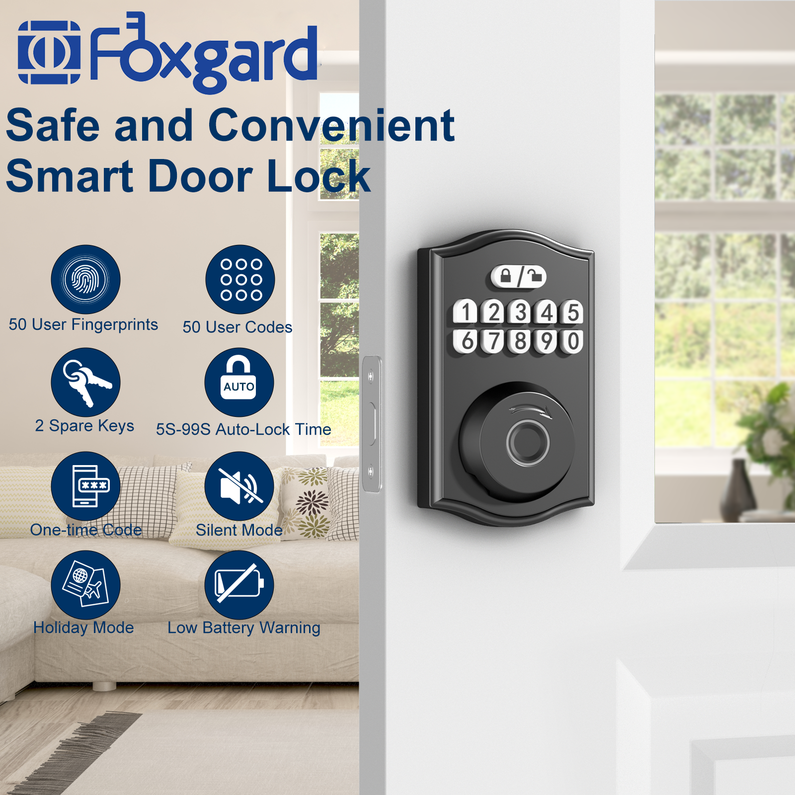 Foxgard Fingerprint Door Lock Rechargeable Battery Keyless Entry Door Lock Keypad Deadbolt Lock with Code