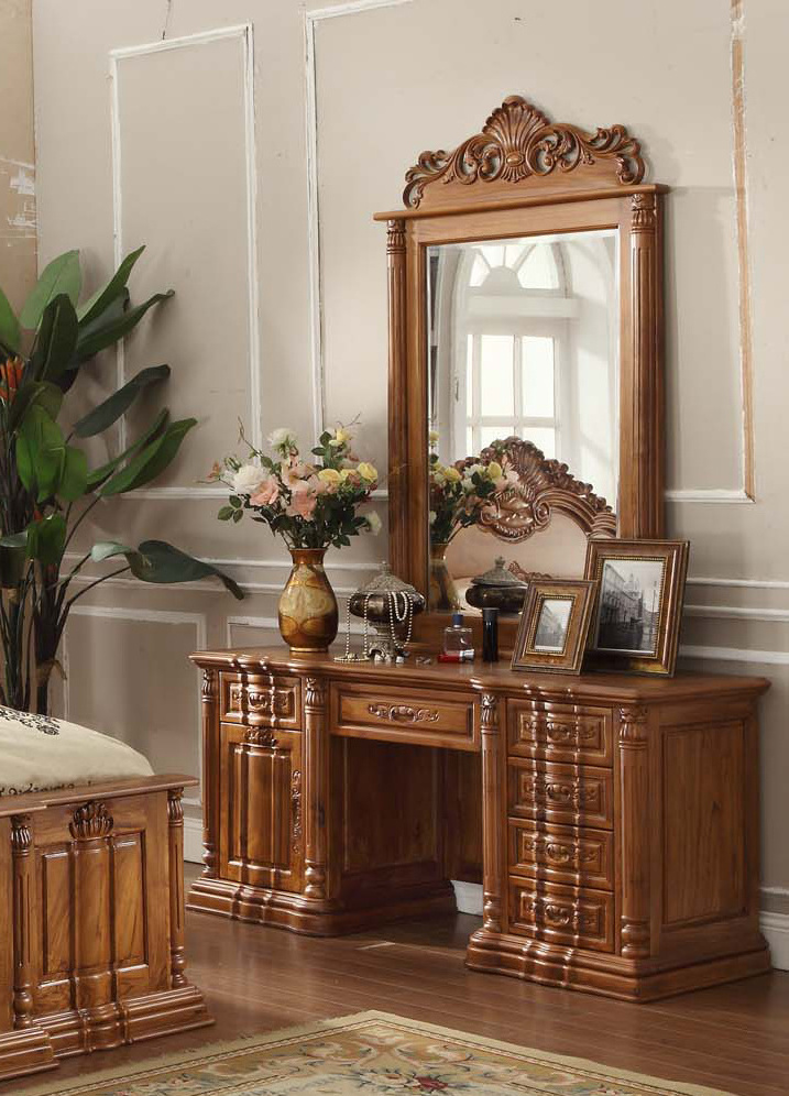 Royal European Style Handmade Carved Teak Wood Vanity Table with Mirror and Dressing Stool for Bedroom