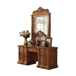 Royal European Style Handmade Carved Teak Wood Vanity Table with Mirror and Dressing Stool for Bedroom