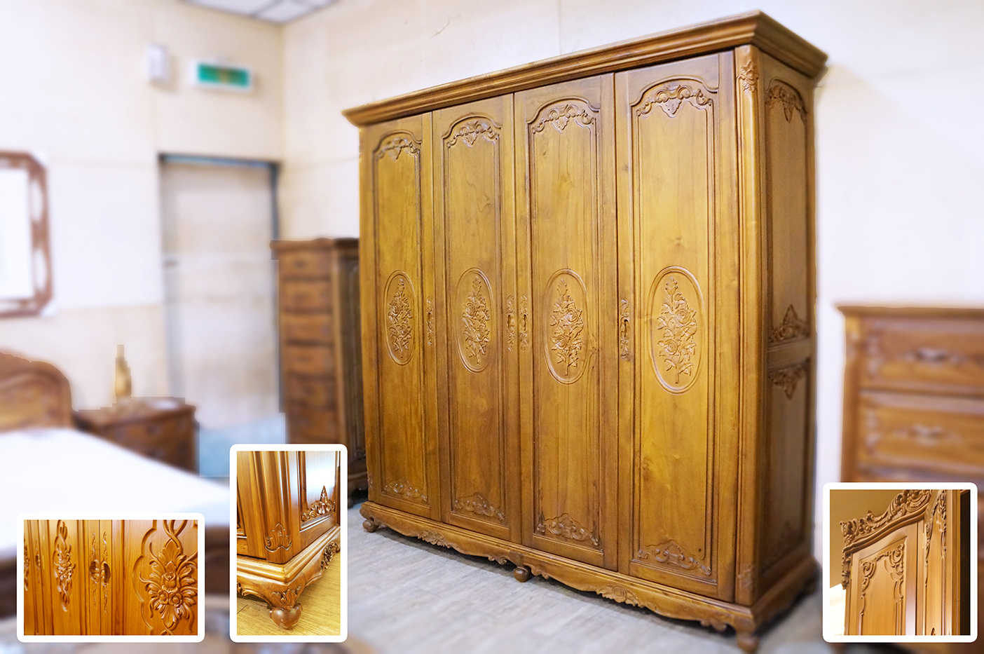 Elegant and Classical Teak Wardrobe with 7 Feet, 6 Doors, 4 Drawers with Roses Carving for Bedroom chinese wardrobe