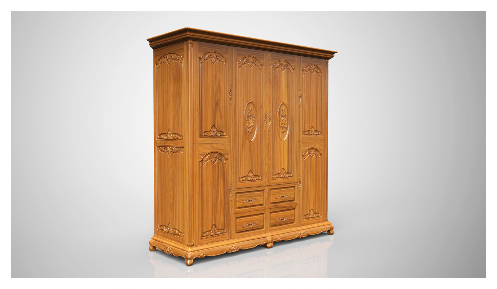 Elegant and Classical Teak Wardrobe with 7 Feet, 6 Doors, 4 Drawers with Roses Carving for Bedroom chinese wardrobe