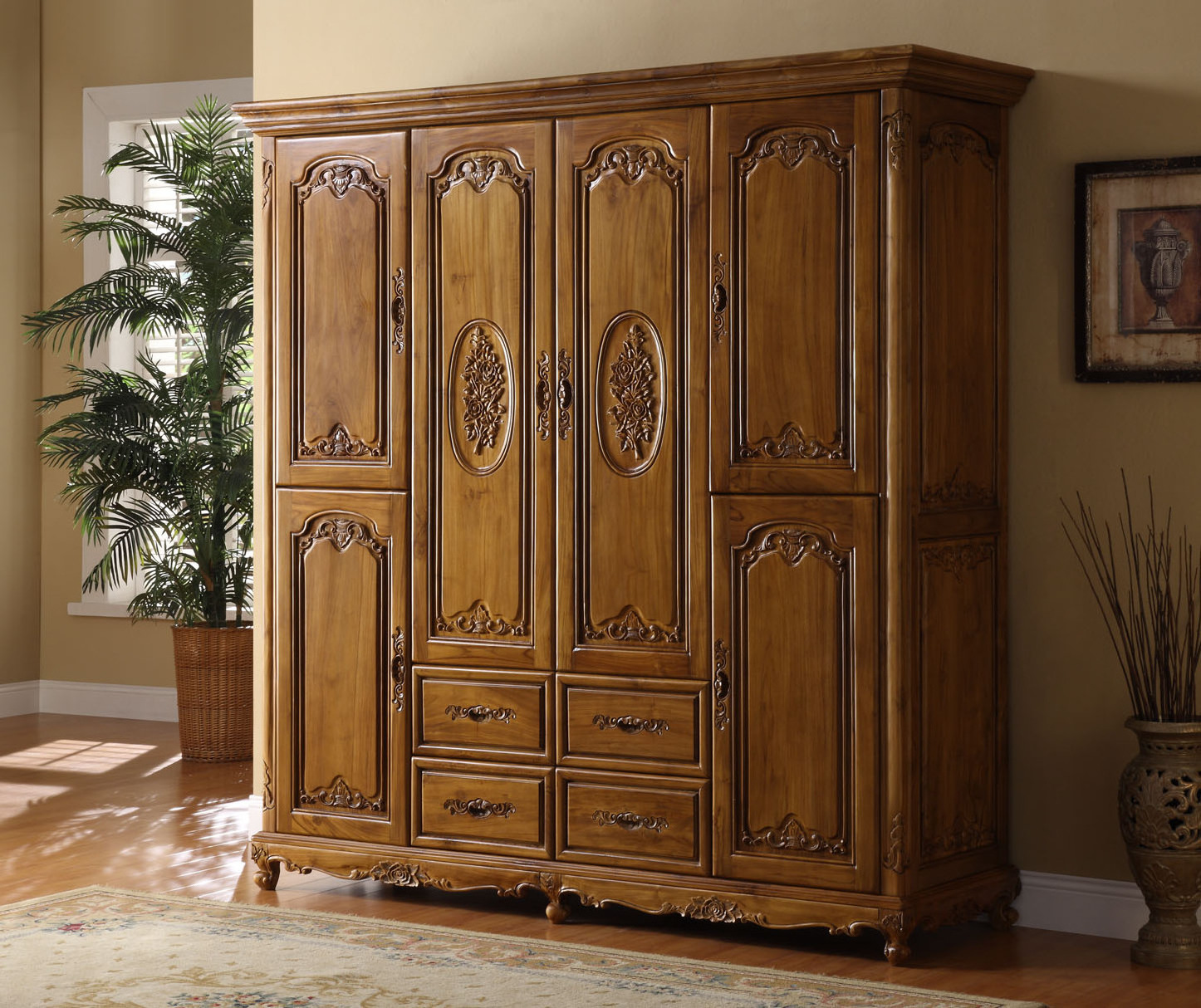 Elegant and Classical Teak Wardrobe with 7 Feet, 6 Doors, 4 Drawers with Roses Carving for Bedroom chinese wardrobe