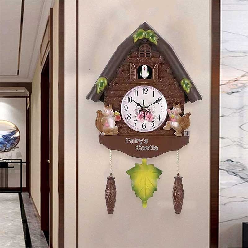 Cuckoo Clock Birdhouse Wall Clock with Natural Bird Voices Day and Hourly Alarm Resin Pendulum Quartz Wall Clock for Gift Decor