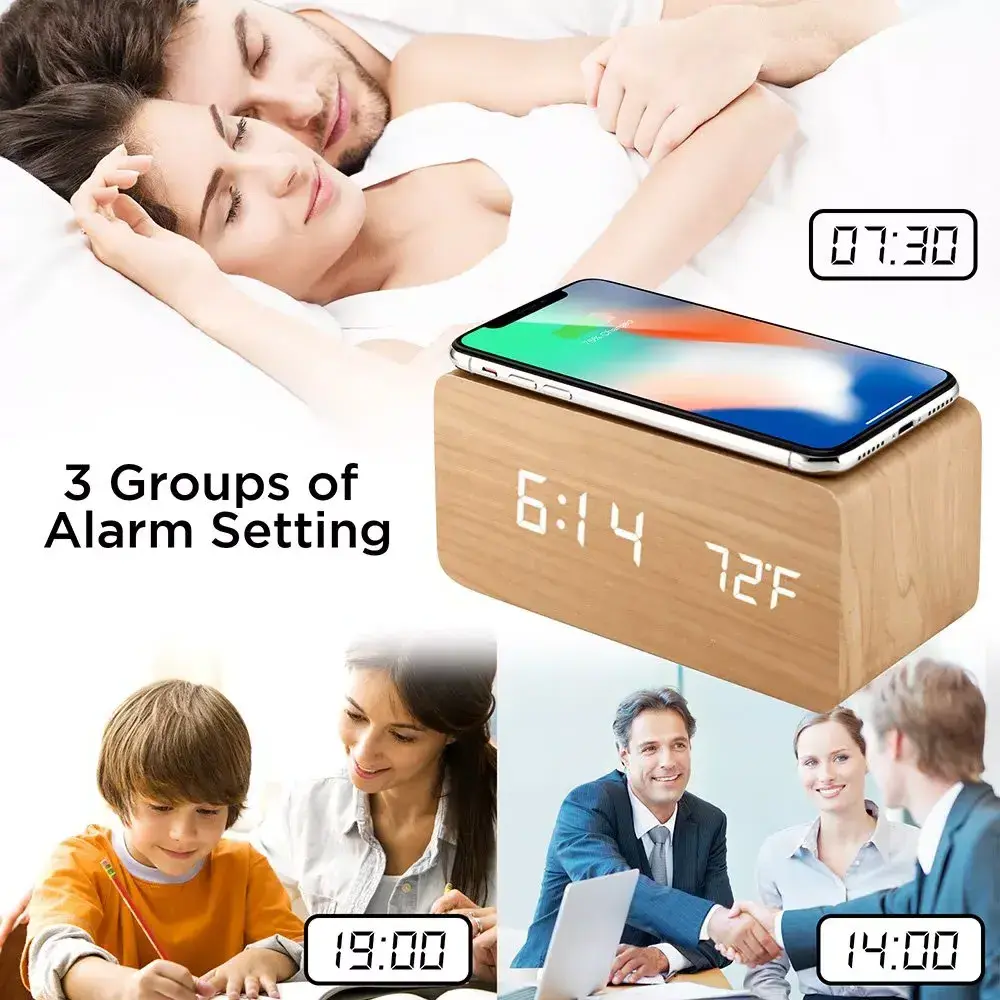 Custom Creative Universal Desk Clock Wooden Digital LED  Alarm Clock with QI Wireless Mobile Phone Charger