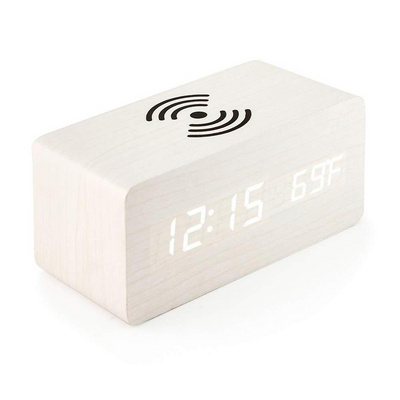 Custom Creative Universal Desk Clock Wooden Digital LED  Alarm Clock with QI Wireless Mobile Phone Charger