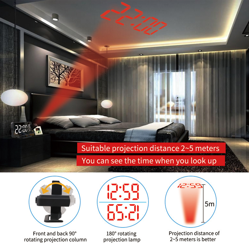 Projection Radio Alarm Clocks LED Digital Mirror Clocks Automatic Light-sensitive Bedroom Projector Clock with USB Port