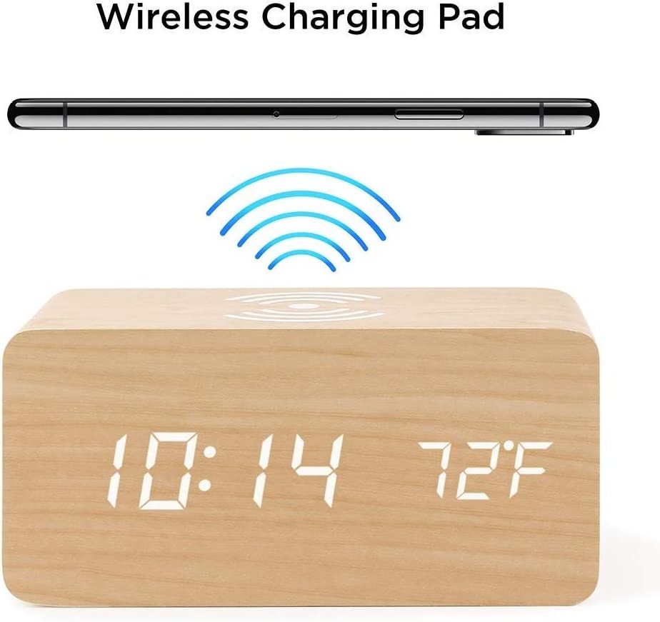 Custom Creative Universal Desk Clock Wooden Digital LED  Alarm Clock with QI Wireless Mobile Phone Charger