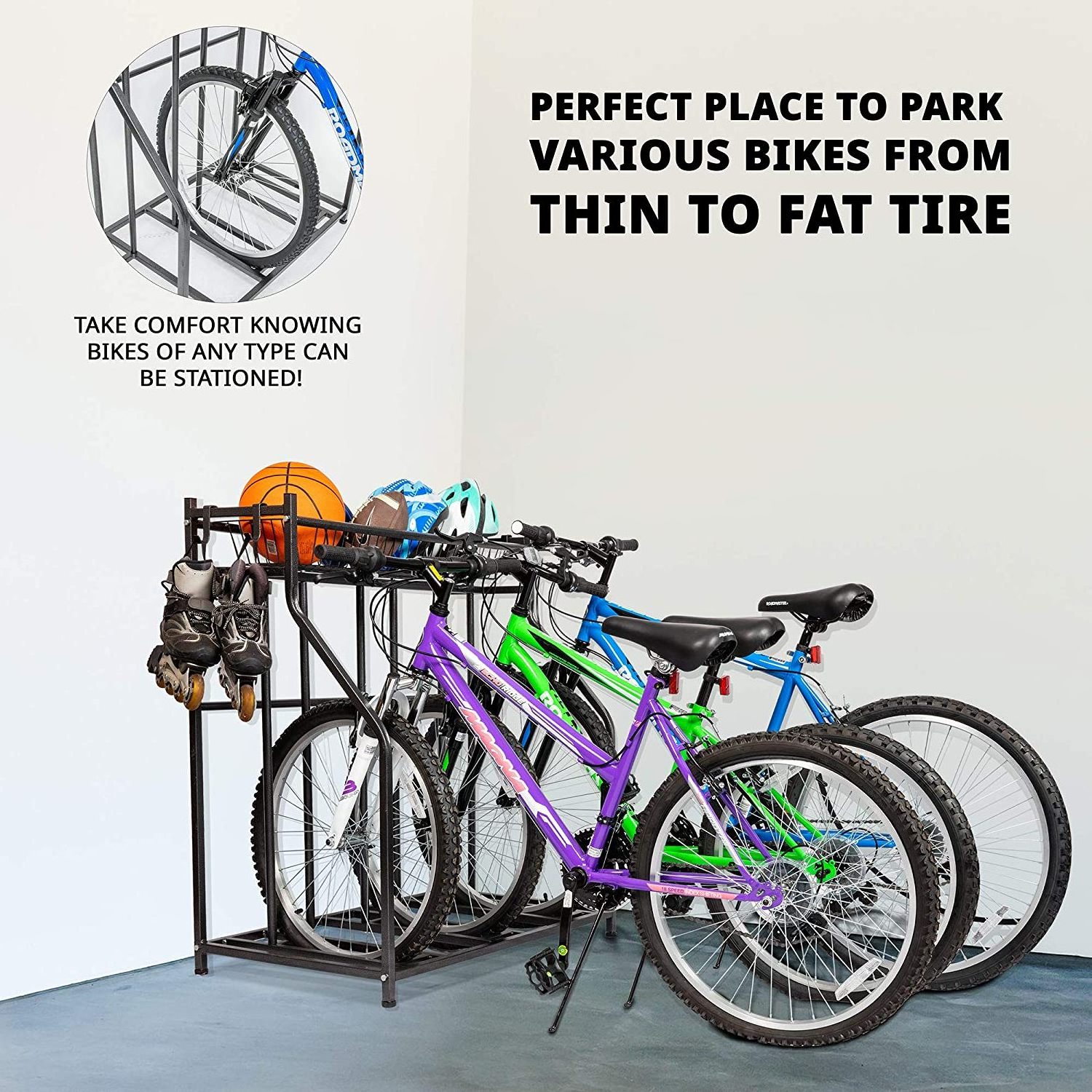 BSR04A Metal Stability Freestanding Bike Rack Organizer, 3 Bicycle Floor Parking Stand, Bike Storage Rack