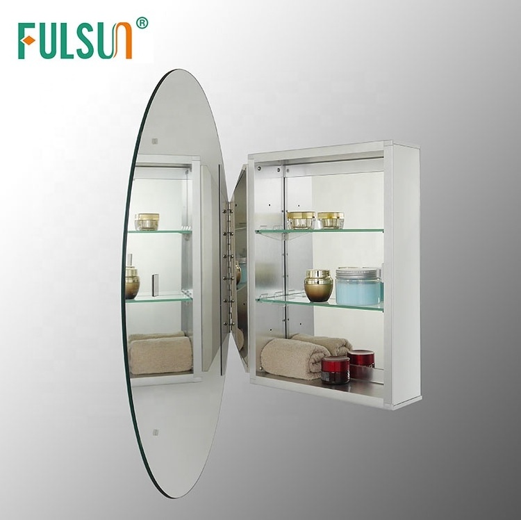 Recessed mount beveled edge Oval double side mirror door aluminium medicine bathroom mirror cabinet