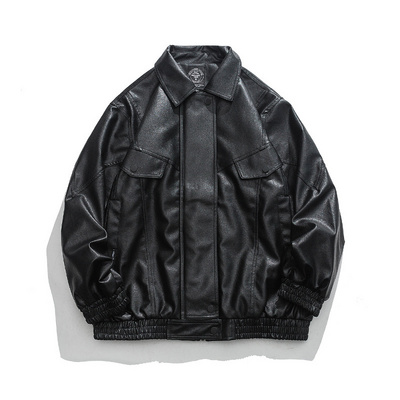 solid color fashion vintage motorcycle trendy brand classic men's PU leather jacket with pocket