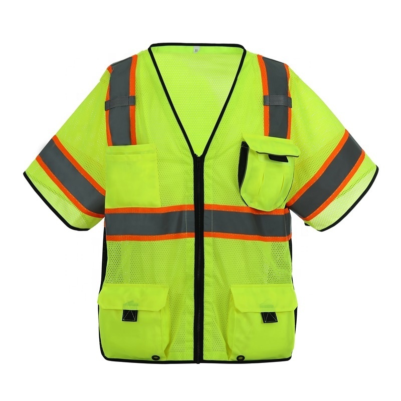 Wholesale fluorescent yellow ANSI Class 3 breathable mesh short sleeves reflective safety professional surveyors vest