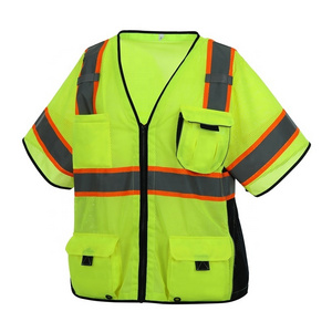 Wholesale fluorescent yellow ANSI Class 3 breathable mesh short sleeves reflective safety professional surveyors vest