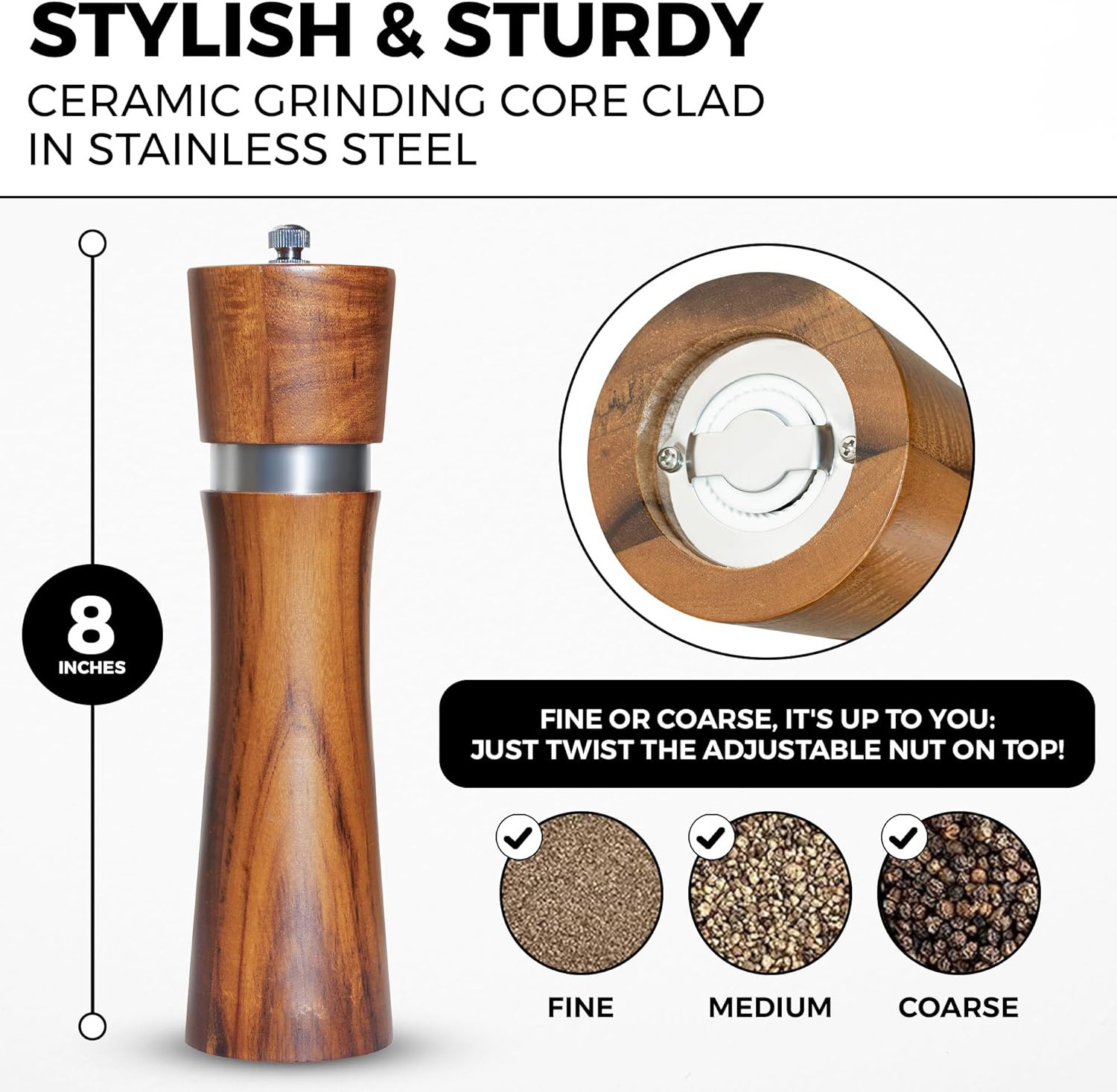 100% quality 21.5 cm Large Salt and Pepper Mill Set with Coaster, Gift Packaging Saucer Spice Mill