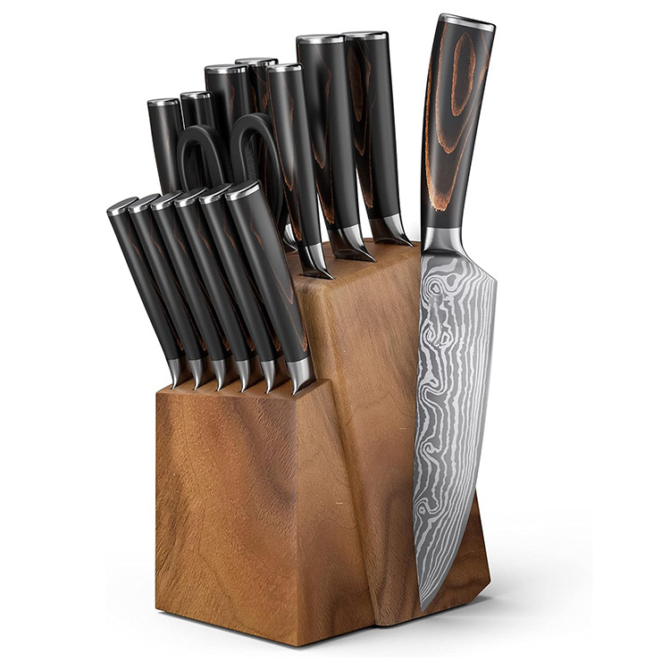 Ultra Sharp High Carbon Stainless Steel Kitchen Cooking Knife Chef Knife Acacia Wood Knife Block Set with Laser Damascus Pattern