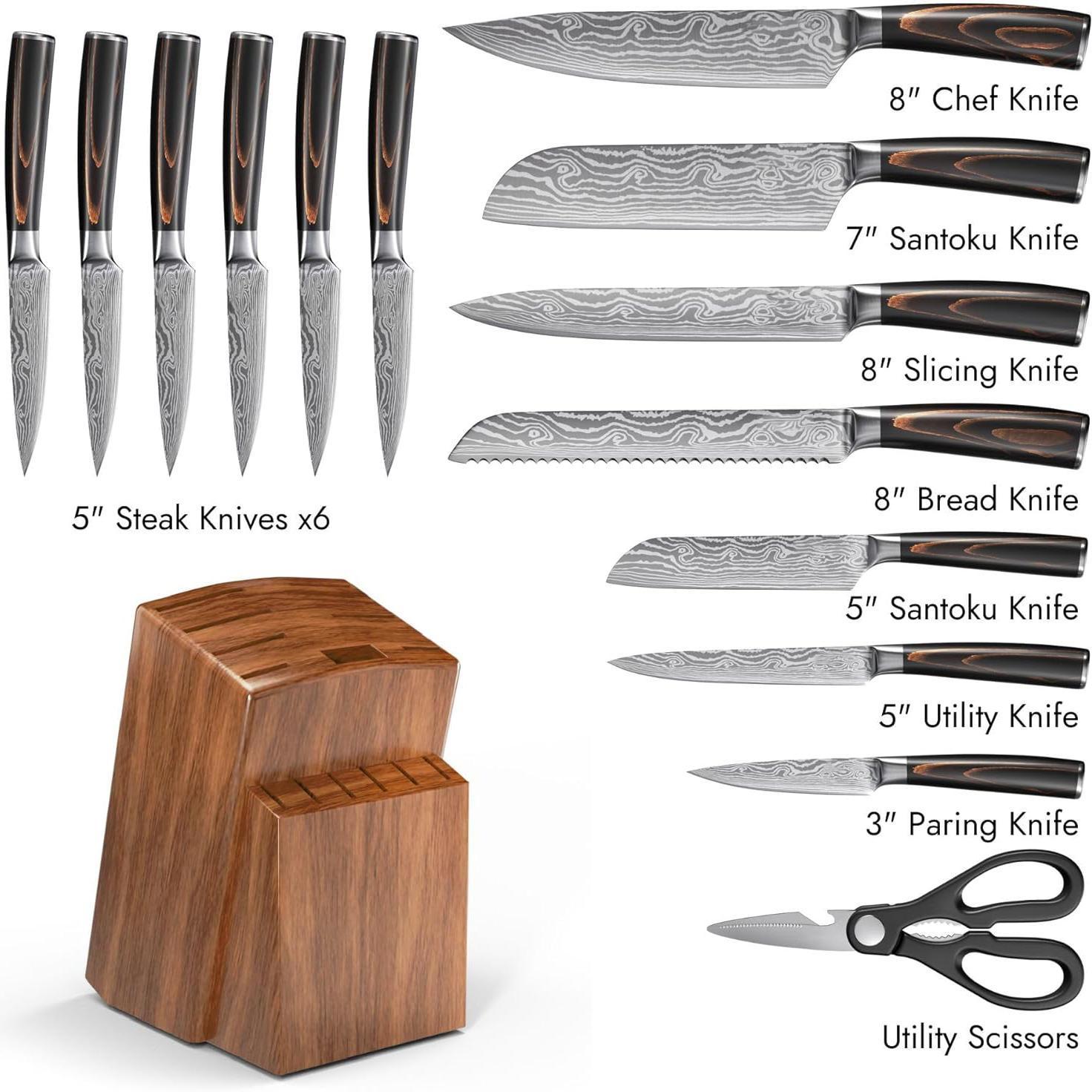 Ultra Sharp High Carbon Stainless Steel Kitchen Cooking Knife Chef Knife Acacia Wood Knife Block Set with Laser Damascus Pattern