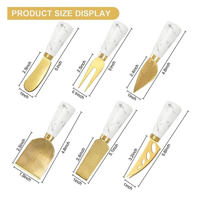 Golden Cheese Knife Set 6 Piece, Marble Handle Butter Spatula Knives, Cheese Spreader Cutter with Ergonomic Ceramic Handle