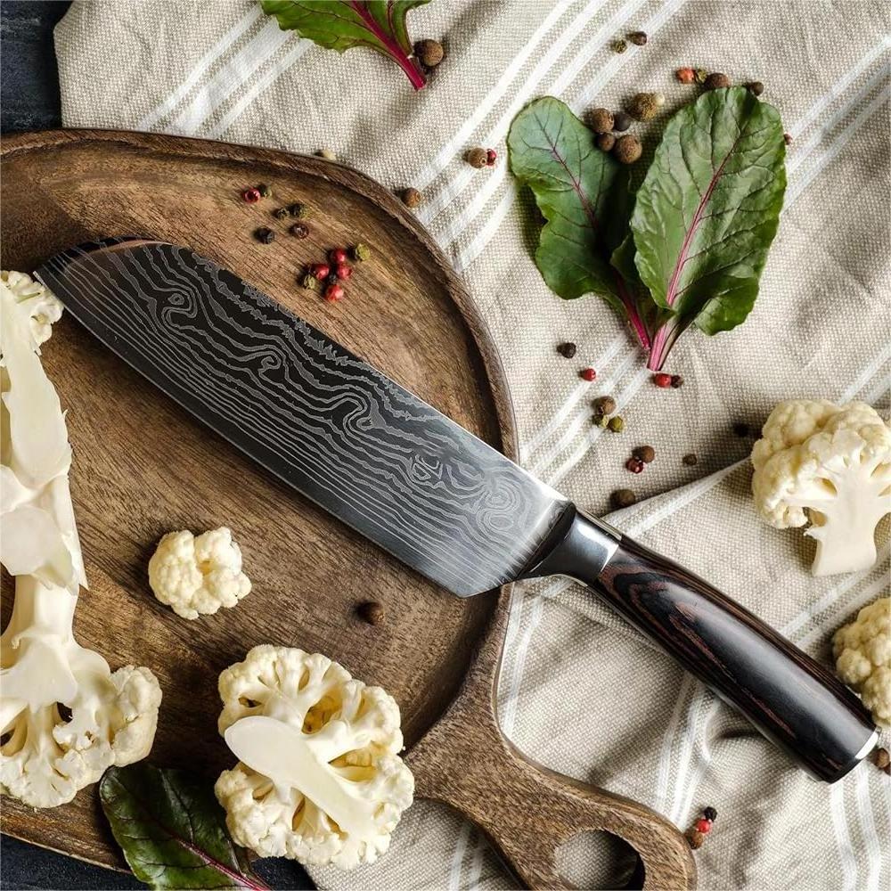 Ultra Sharp High Carbon Stainless Steel Kitchen Cooking Knife Chef Knife Acacia Wood Knife Block Set with Laser Damascus Pattern