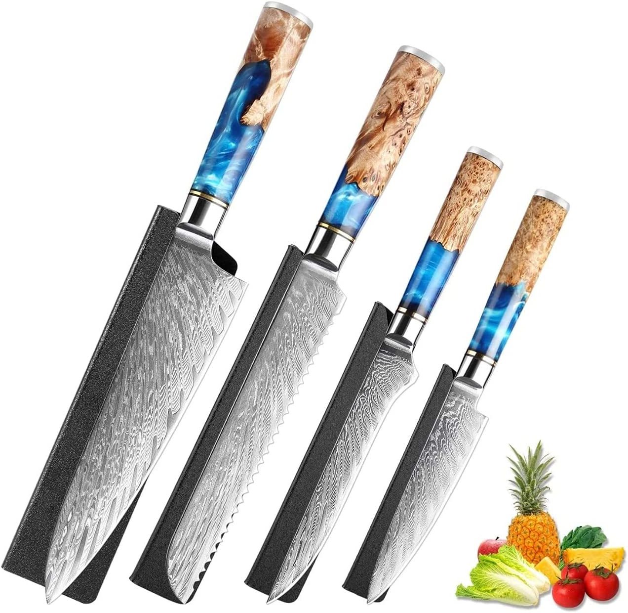 4pcs Damascus Steel VG10 Blue Resin Wood Handle Boning Utility Bread Chef Kitchen Knife