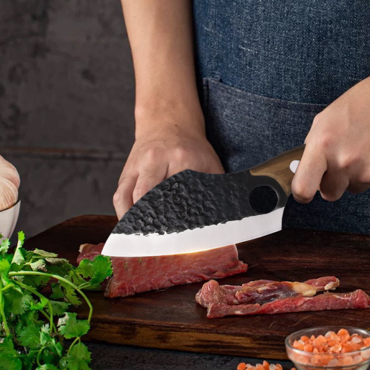 Non-stick Hammered Blade Stainless Steel Wooden Handle Camping Knife Meat Vegetables Cutting Slaughter Outdoor Knife