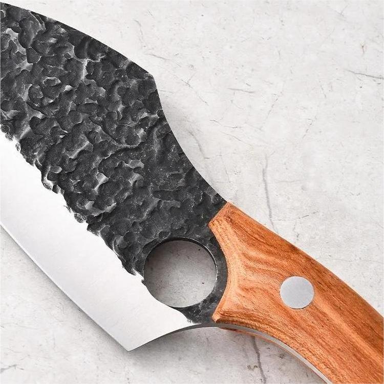 Non-stick Hammered Blade Stainless Steel Wooden Handle Camping Knife Meat Vegetables Cutting Slaughter Outdoor Knife