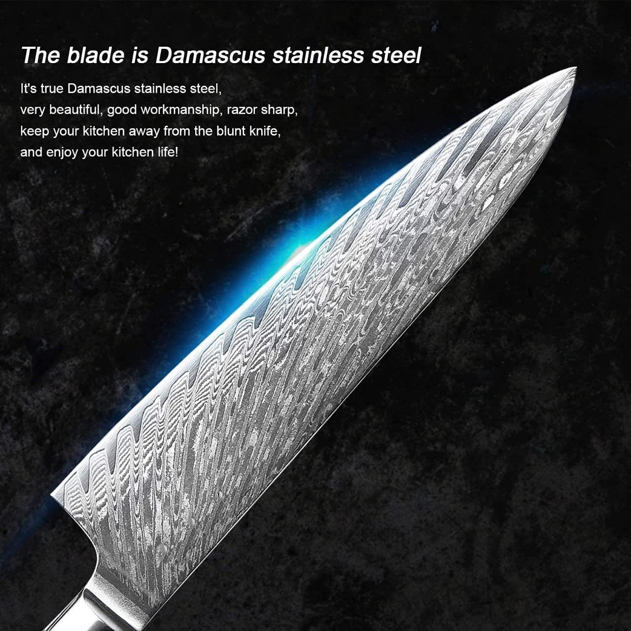 4pcs Damascus Steel VG10 Blue Resin Wood Handle Boning Utility Bread Chef Kitchen Knife