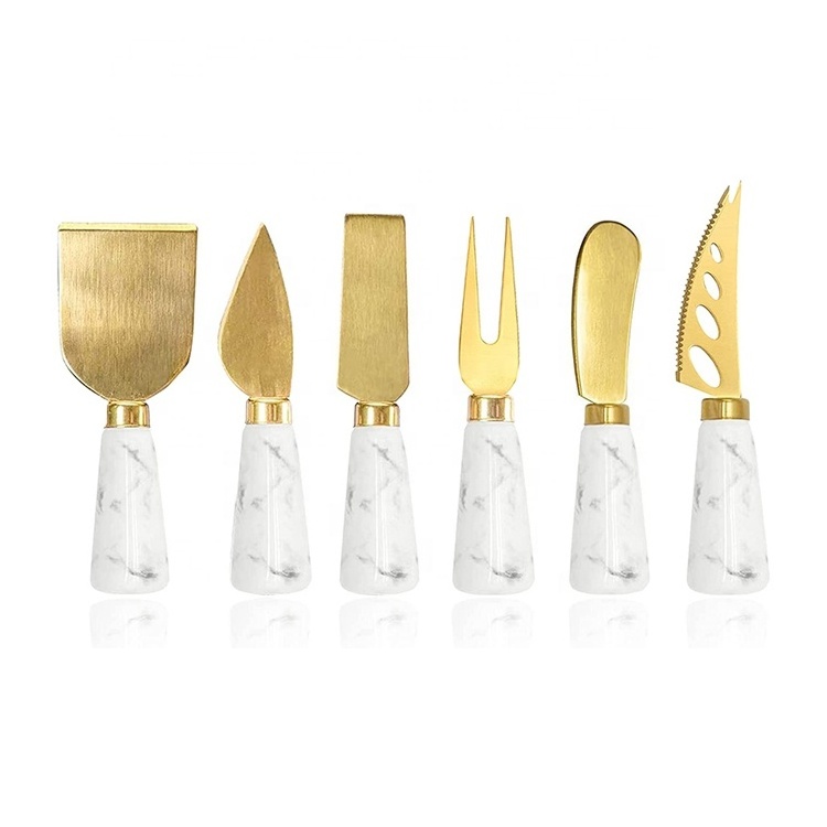 Golden Cheese Knife Set 6 Piece, Marble Handle Butter Spatula Knives, Cheese Spreader Cutter with Ergonomic Ceramic Handle