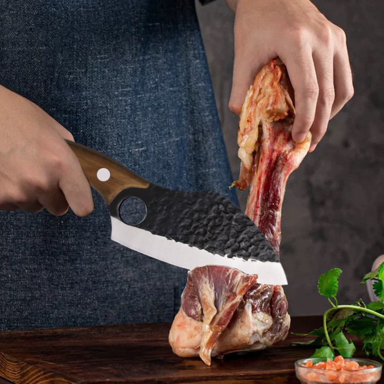 Non-stick Hammered Blade Stainless Steel Wooden Handle Camping Knife Meat Vegetables Cutting Slaughter Outdoor Knife