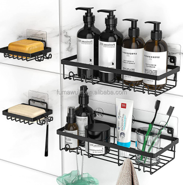 Metal wall hanger shower caddy organizer no drill black color single layer adhesive shower caddy