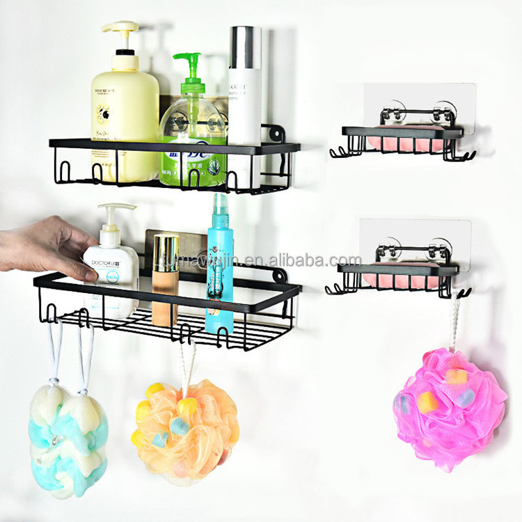 Metal wall hanger shower caddy organizer no drill black color single layer adhesive shower caddy