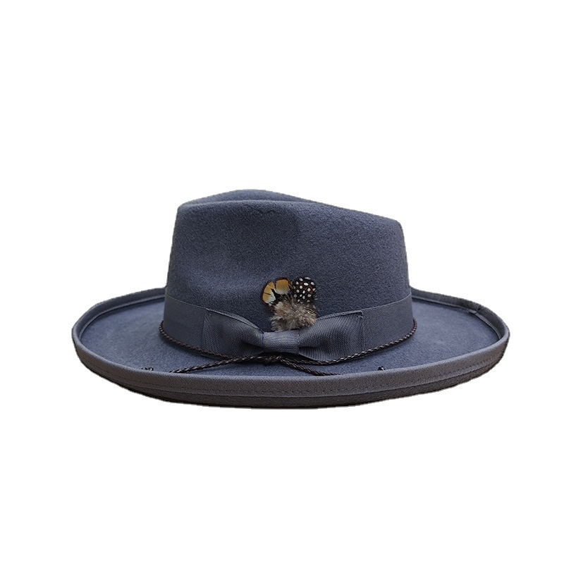 2024 New Arrival Hot Sale Designer Upturn Hard Brim Fedora Hat Wholesale Custom OEM Men 100% Wool Felt Fedora Hats with Leather