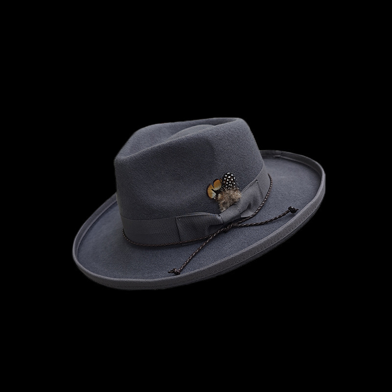 2024 New Arrival Hot Sale Designer Upturn Hard Brim Fedora Hat Wholesale Custom OEM Men 100% Wool Felt Fedora Hats with Leather