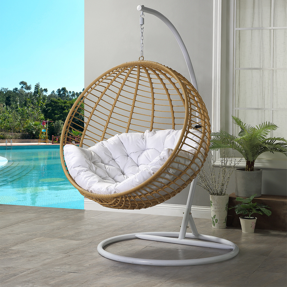 Wholesale custom PE rattan steel swing round hanging basket chair with seat cushion