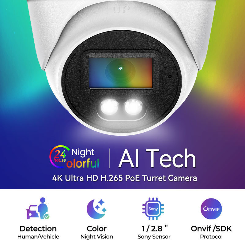 4K Ultra HD outdoor full color night vision cctv security turret poe camera human&vehicle detection 4K 8MP eyeball PoE IP camera