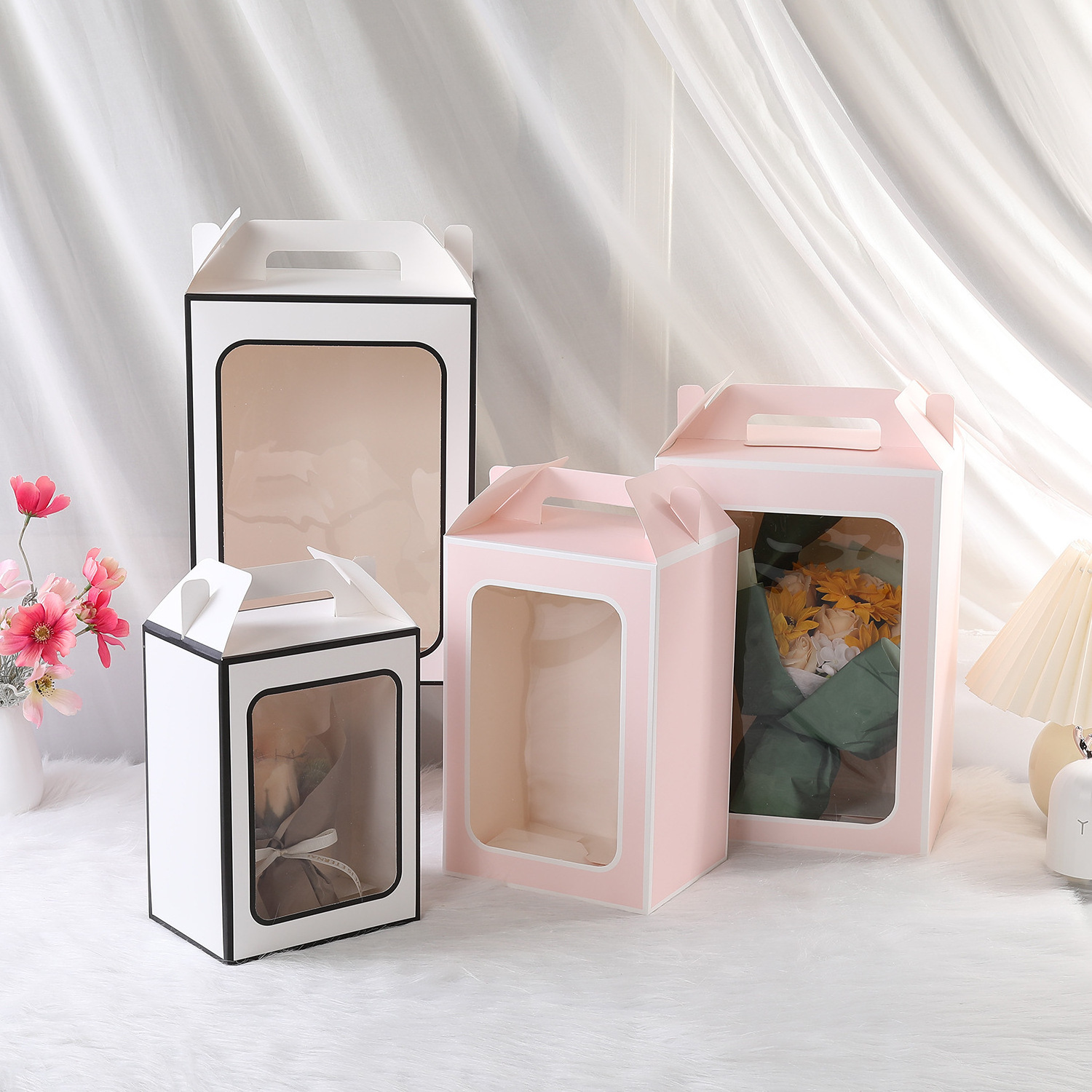 Luxury custom teacher's day foldable empty creative flowers window doll packing gable gift box with handle