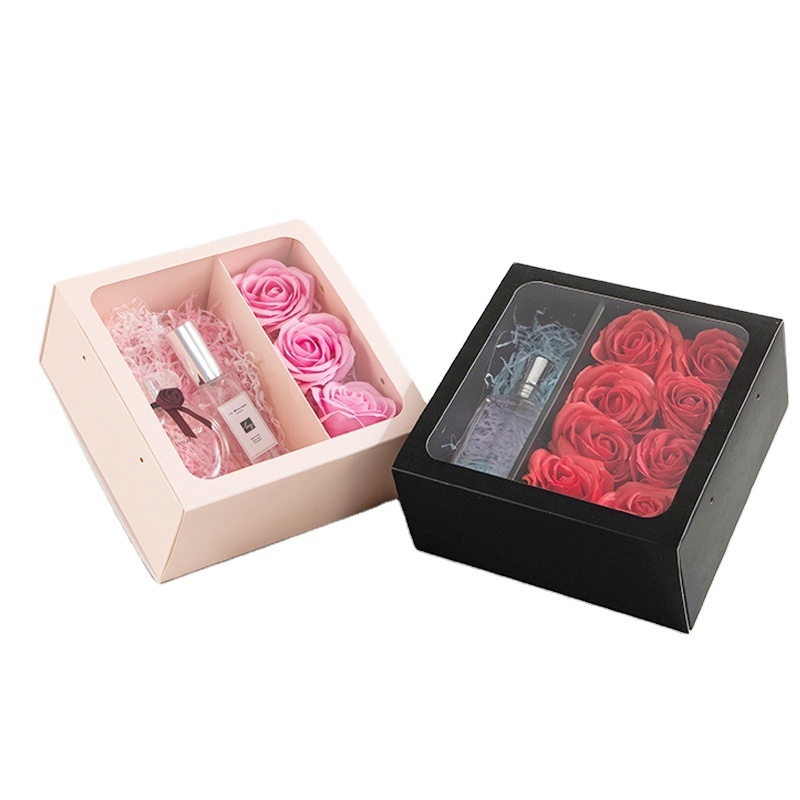 wholesale rose gift box Pink Christmas Luxury perfume floral Soap Flower paper Box With PVC Window and ribbon