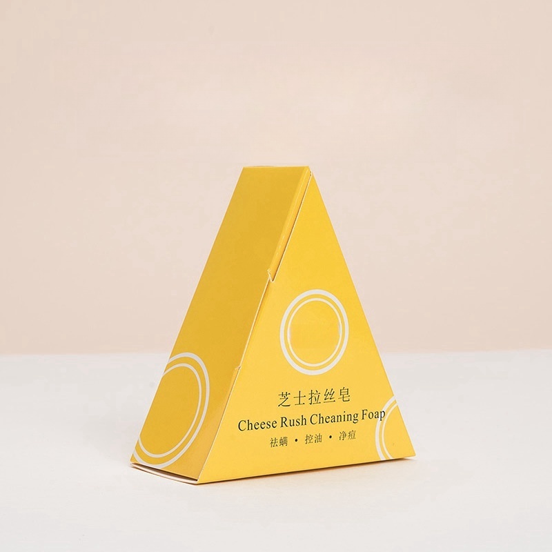 Personalized custom soap box recyclable cosmetic printing logo triangle shape yellow cardboard soap paper box