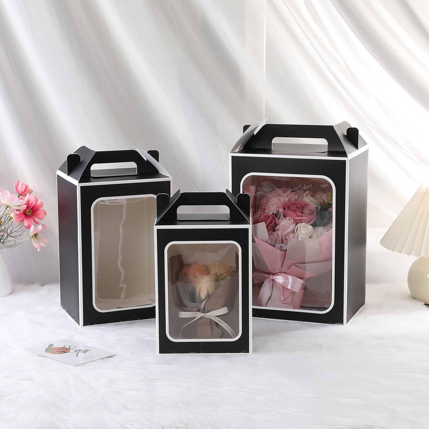 Luxury custom teacher's day foldable empty creative flowers window doll packing gable gift box with handle