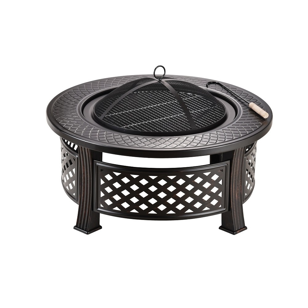 32 Inch Patio Firepit Table BBQ Grill With Spark Screen Cover Log Grate And Poker For Outside Wood Burning and Drink Cooling