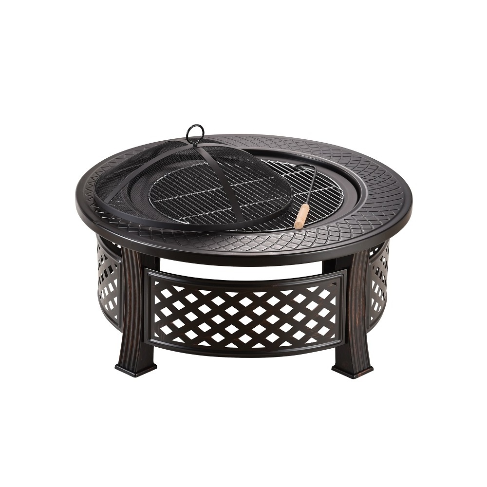 32 Inch Patio Firepit Table BBQ Grill With Spark Screen Cover Log Grate And Poker For Outside Wood Burning and Drink Cooling