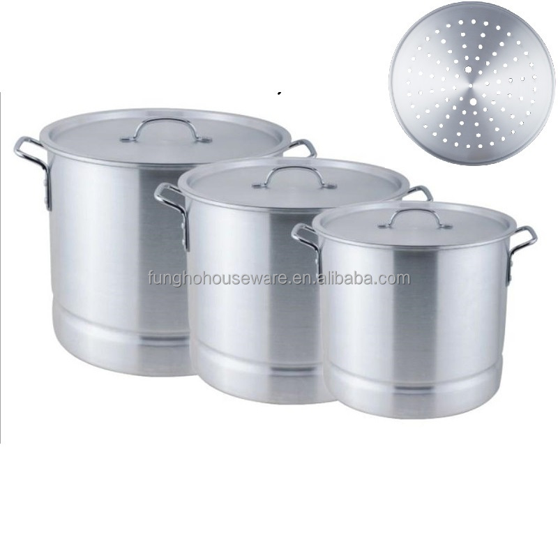 Large Aluminum 3 Pieces Stock Set With Lids and Steamers (64, 84, 100Qt Pots) All-Purpose Boiling Pot