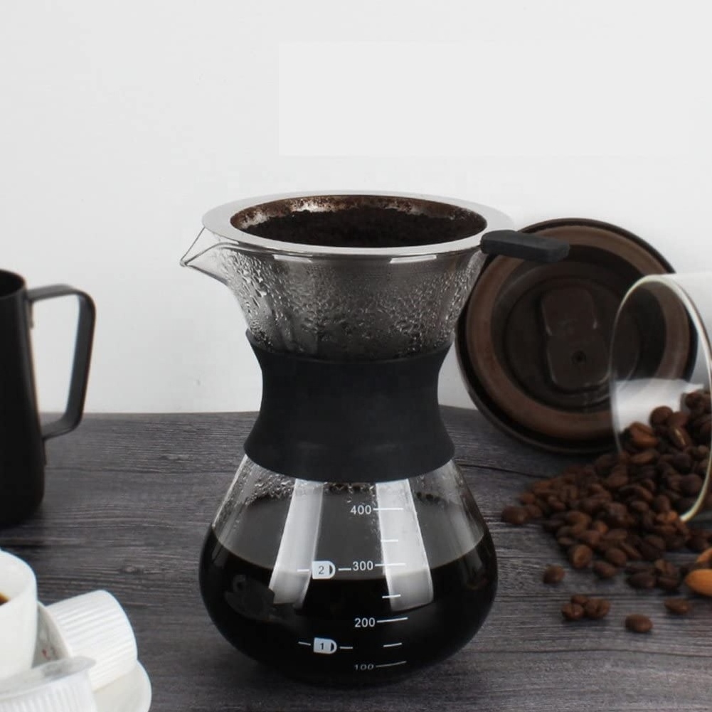 Pour Over Coffee Maker with Stainless Steel Cone Filter Glass Coffee Carafe with Protective Silicone Sleeve 400ML